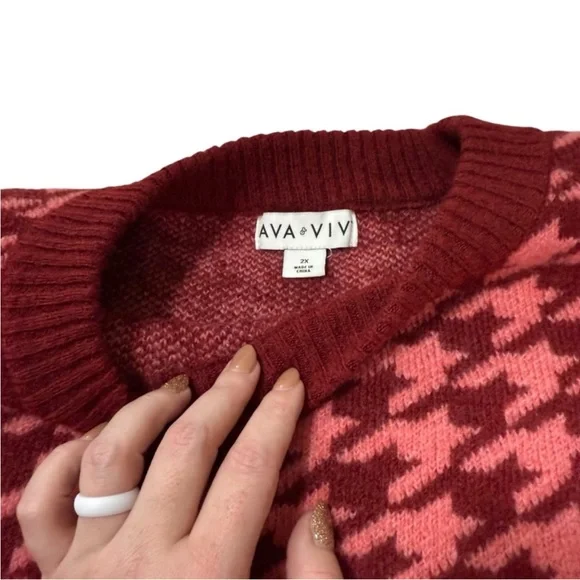 Ava & Viv Women’s Pink & Red Houndstooth Pullover Crewneck Sweater Size 2X - Picture 7 of 8